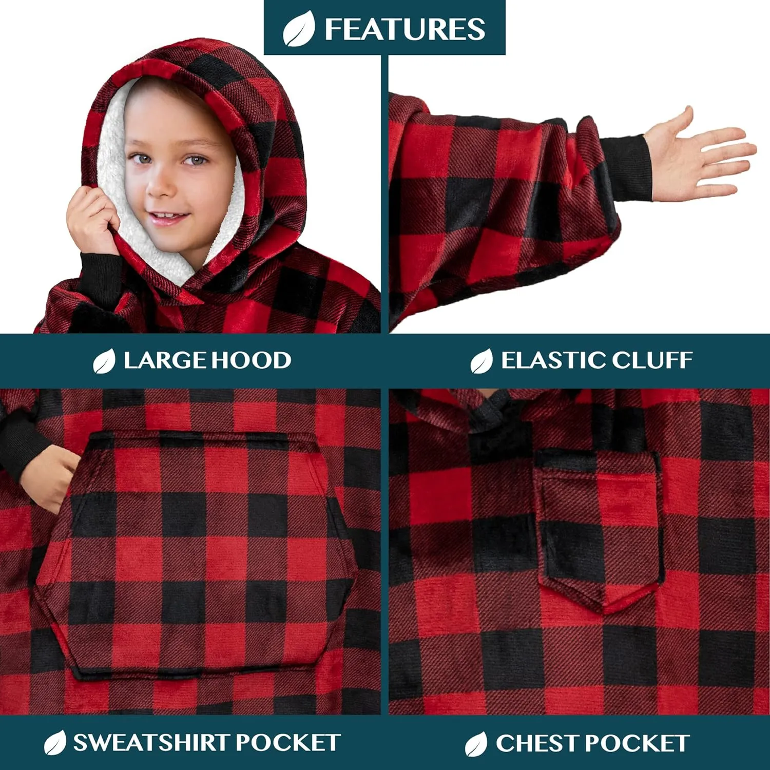 PAVILIA Wearable Blanket Sweatshirt Kids Boy Girl, Warm Cozy Giant Hoodie, Fleece Sherpa Oversized Hood Sleeves, Big Pocket