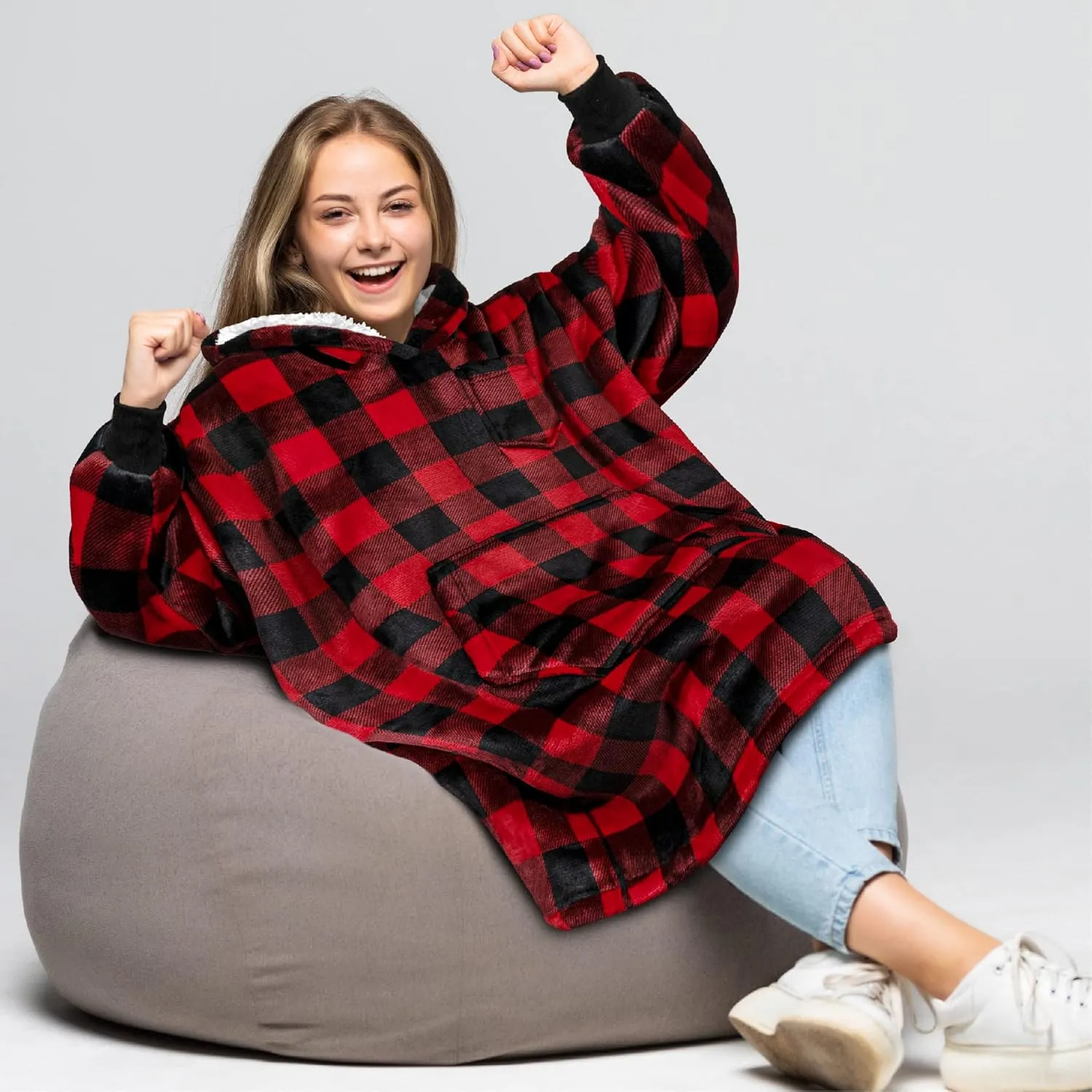 PAVILIA Wearable Blanket Sweatshirt Kids Boy Girl, Warm Cozy Giant Hoodie, Fleece Sherpa Oversized Hood Sleeves, Big Pocket