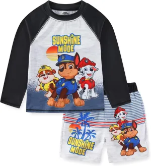 Paw Patrol Nickelodeon Chase Marshall Rubble Boys UPF 50  Rash Guard and Swim Trunks Swimsuit Set for Toddler and Big Kids