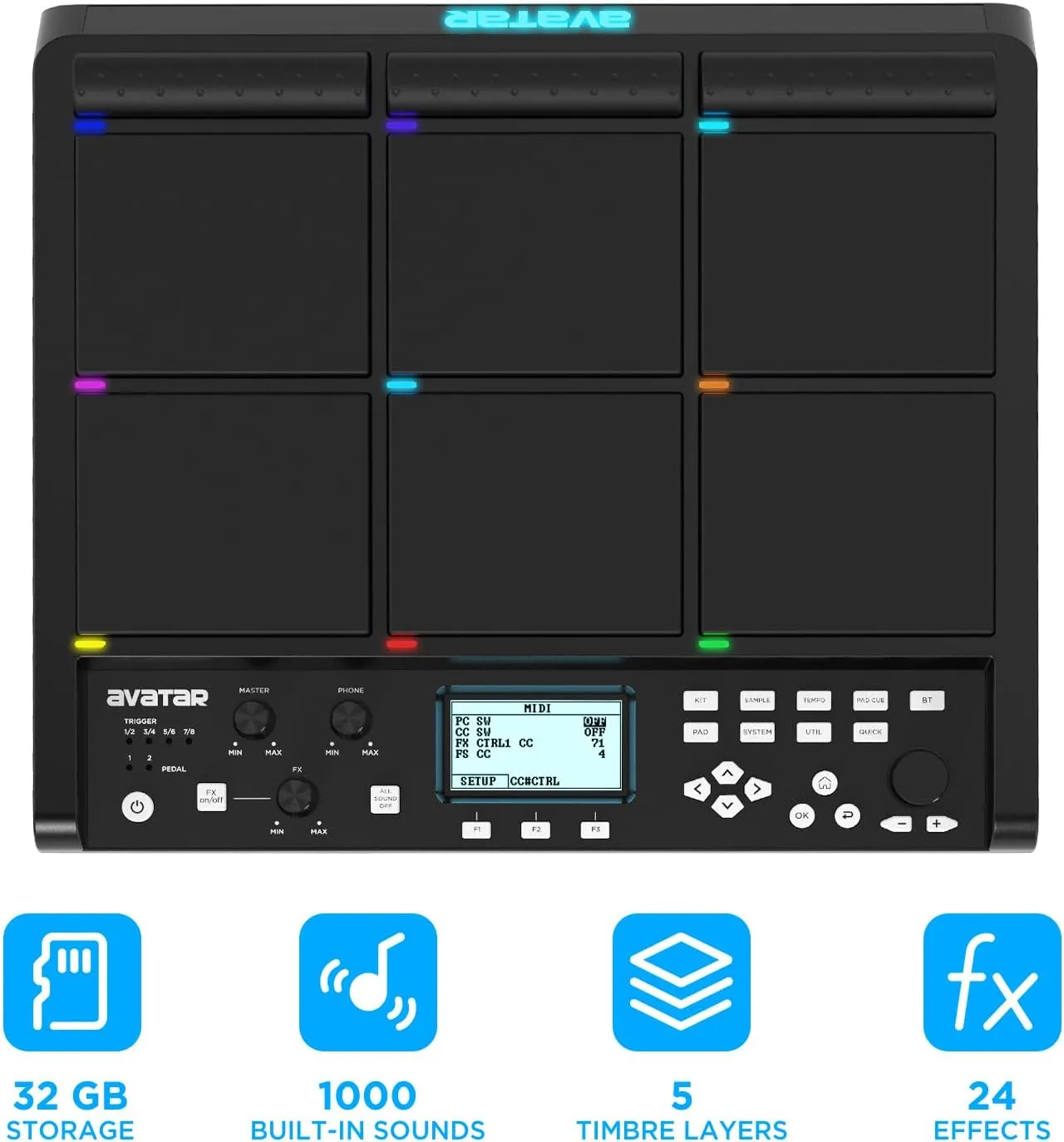PD708 Sample Pad Percussion and Sampling Instrument With 9 Drum Pads for Live Performance, 1000  Built-in Sounds, 32 GB Storage, Onboard FX, Customizable LEDs