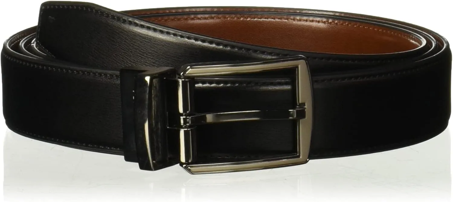Perry Ellis Men's Portfolio Hi-lo Reversible Dress Belt, Matte Leather Blend, Stitched, 1.5” Width (Available in Big & Tall)