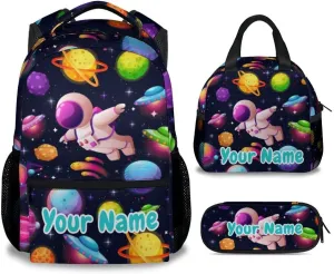 Personalized Boys Backpack with Lunch Box Combo, Planet Backpack Kids Bookbag for Primary Elementary School, Cute, Colorful, Adjustable Straps, Durable School Bag with Pencil Cases