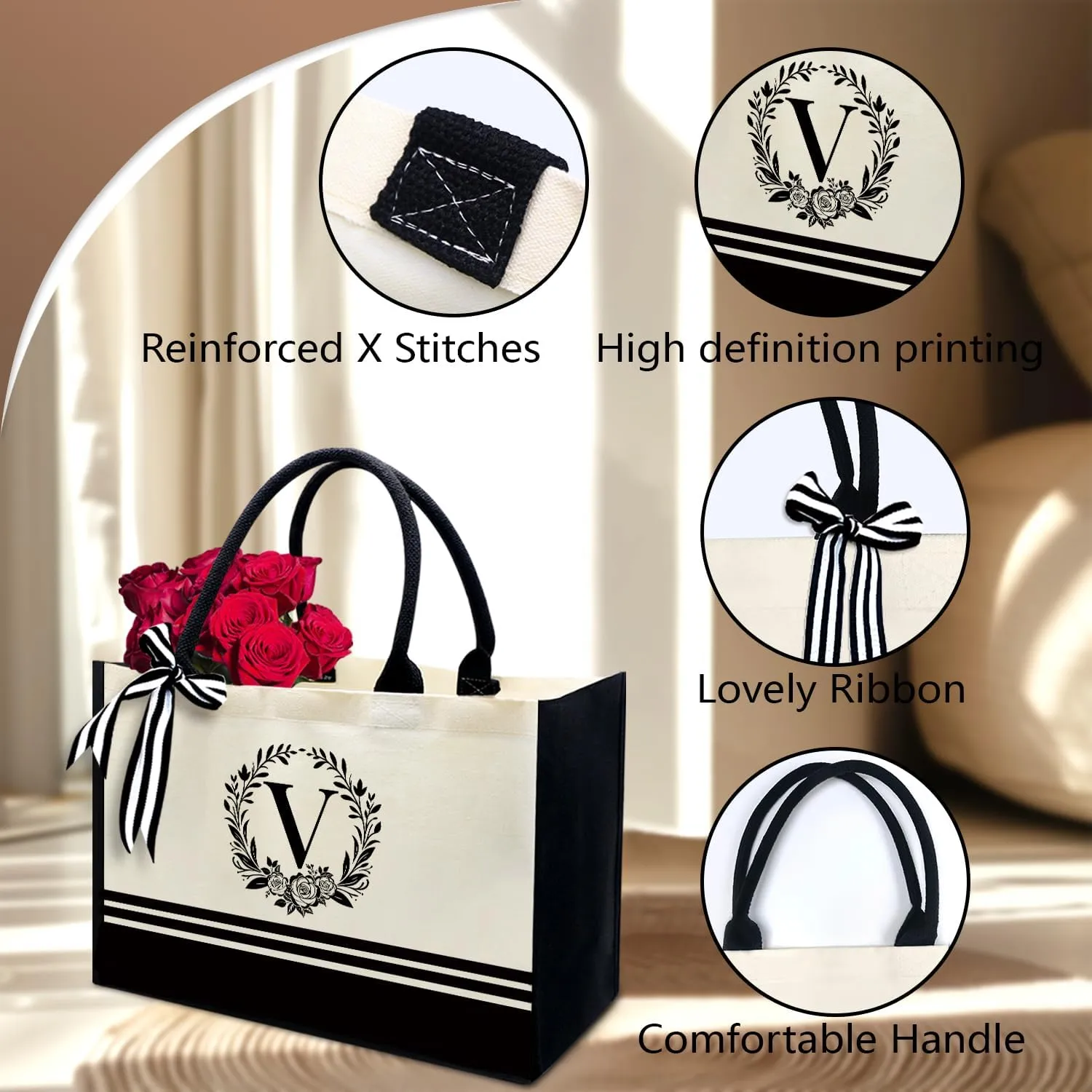 Personalized Initial Canvas Tote Bags, Monogrammed Tote Bag Gifts for Women Teacher Friend for Birthday Wedding