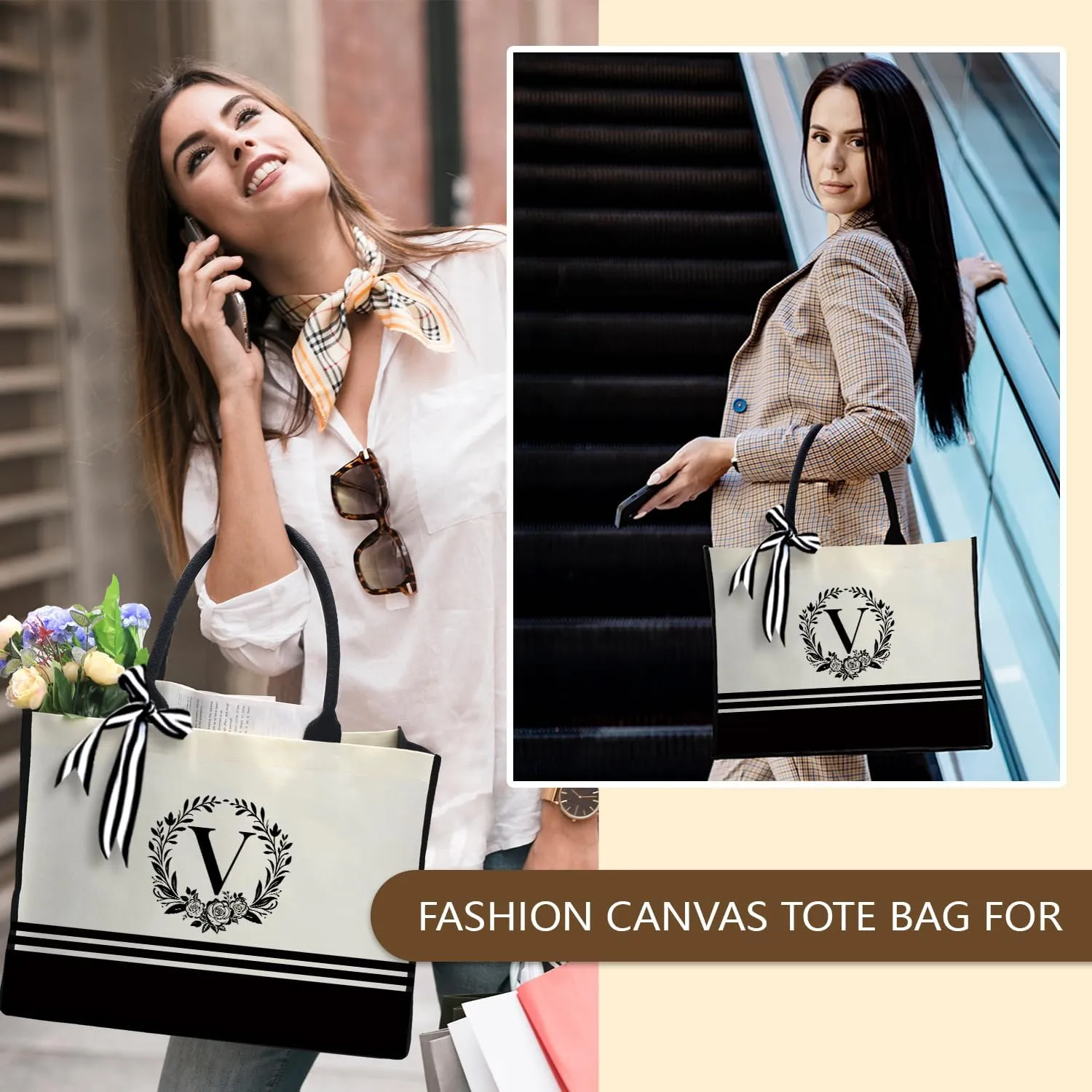 Personalized Initial Canvas Tote Bags, Monogrammed Tote Bag Gifts for Women Teacher Friend for Birthday Wedding