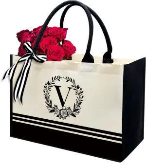 Personalized Initial Canvas Tote Bags, Monogrammed Tote Bag Gifts for Women Teacher Friend for Birthday Wedding