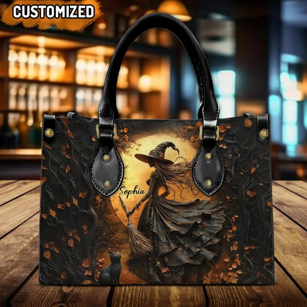 Personalized Witch Leather Handbag For Women, Aesthetic Black Witches Crossbody Bag Purse Chic Satchel Shoulder Bag with Strap for Travel School Work, Halloween Witch Gift (11.6"x8.3", Witch 2)