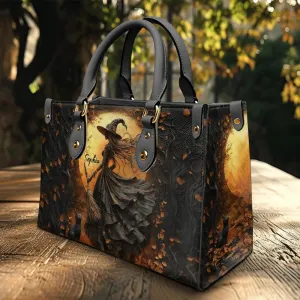 Personalized Witch Leather Handbag For Women, Aesthetic Black Witches Crossbody Bag Purse Chic Satchel Shoulder Bag with Strap for Travel School Work, Halloween Witch Gift (11.6"x8.3", Witch 2)