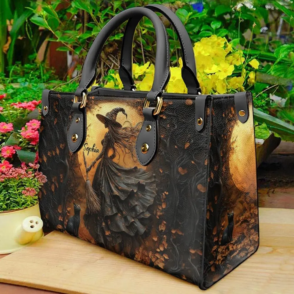 Personalized Witch Leather Handbag For Women, Aesthetic Black Witches Crossbody Bag Purse Chic Satchel Shoulder Bag with Strap for Travel School Work, Halloween Witch Gift (11.6"x8.3", Witch 2)