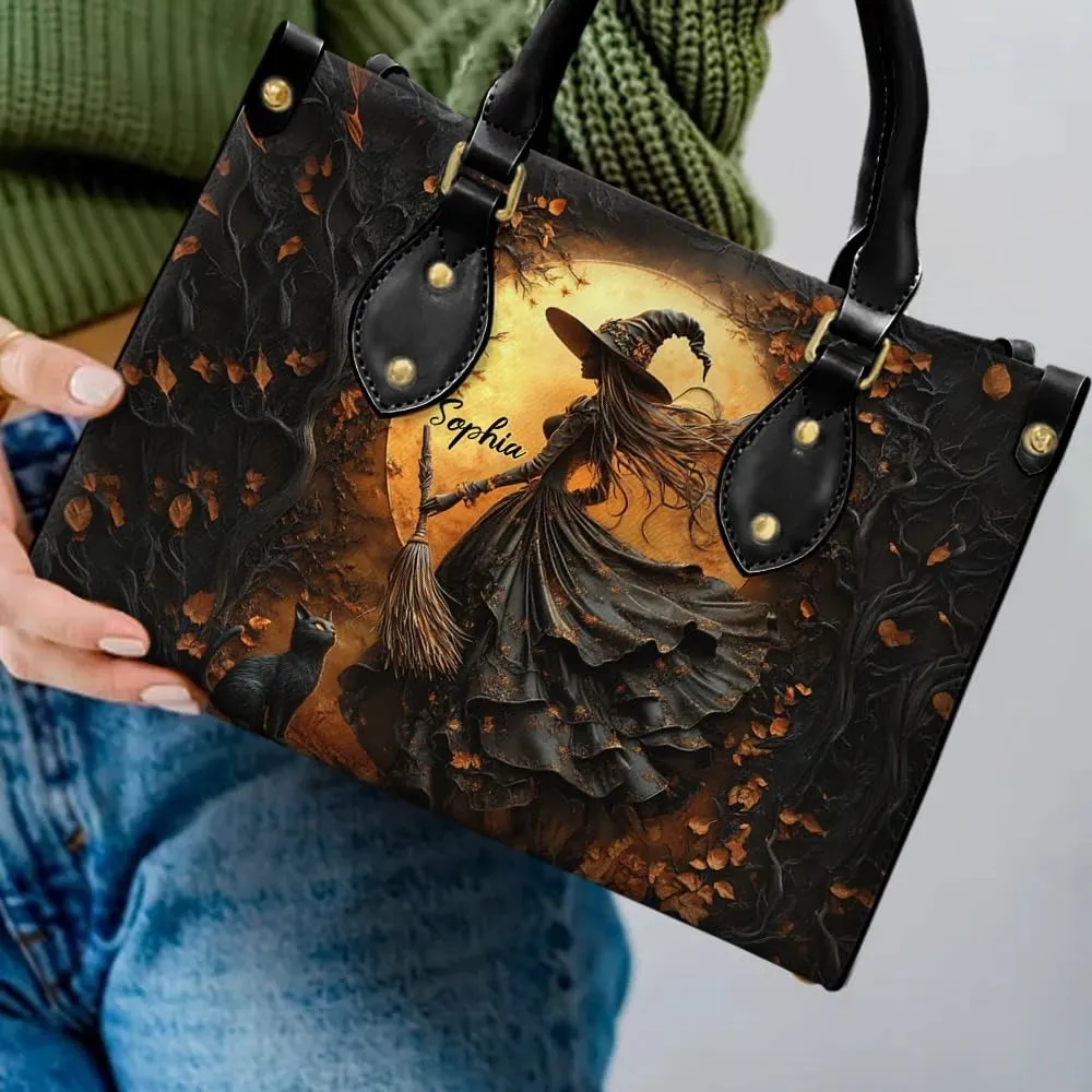 Personalized Witch Leather Handbag For Women, Aesthetic Black Witches Crossbody Bag Purse Chic Satchel Shoulder Bag with Strap for Travel School Work, Halloween Witch Gift (11.6"x8.3", Witch 2)