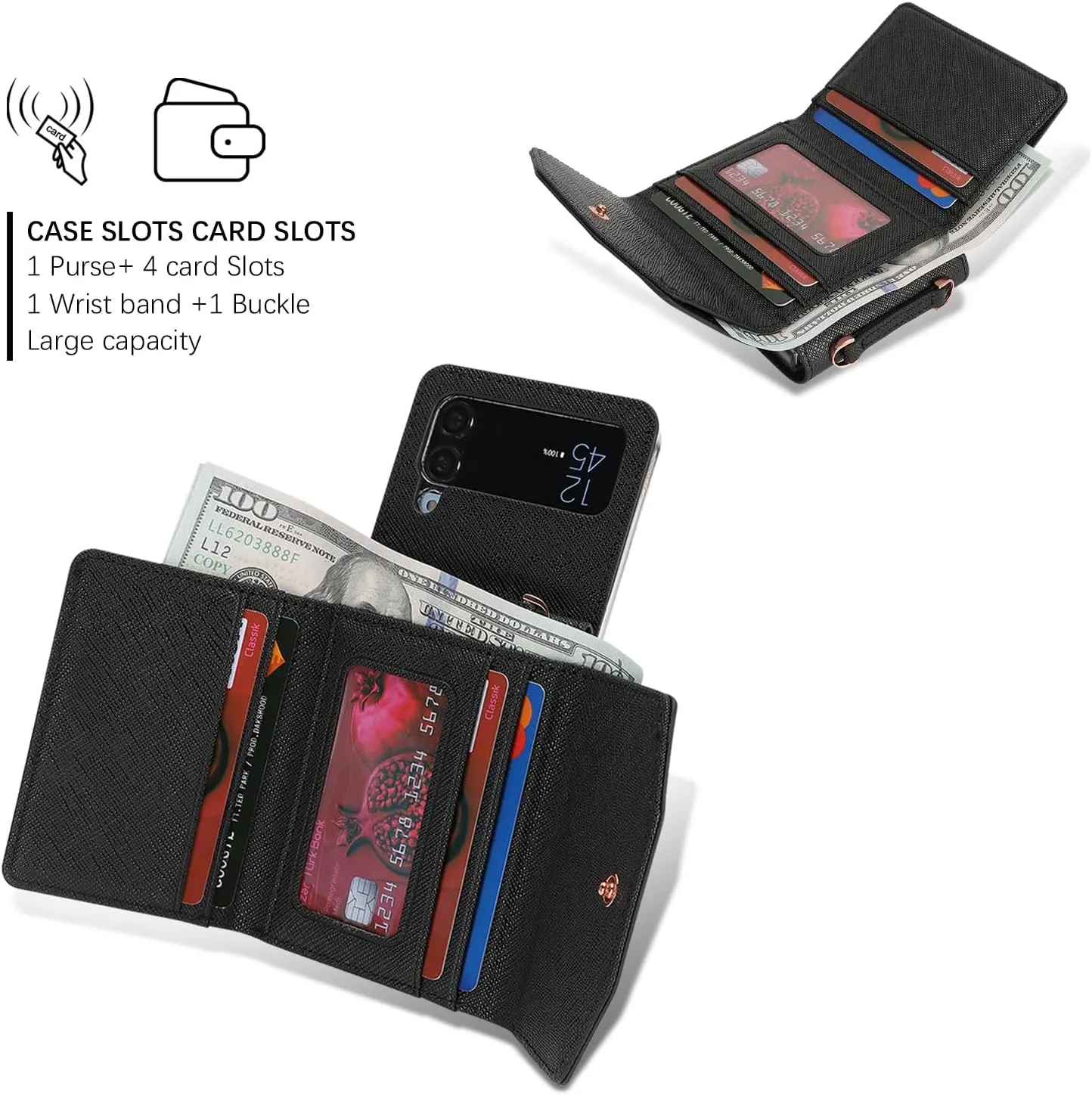 Phone Case for Samsung Galaxy Z Flip 3, Crossbody Wallet Phone Cover with Card Holders Cash Slot Wristlet Strap, Fashion Leather Handbag Flip 3 Phone Case for Women Girls (Black)
