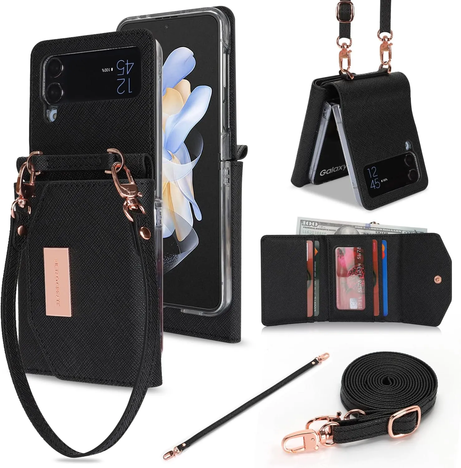 Phone Case for Samsung Galaxy Z Flip 3, Crossbody Wallet Phone Cover with Card Holders Cash Slot Wristlet Strap, Fashion Leather Handbag Flip 3 Phone Case for Women Girls (Black)