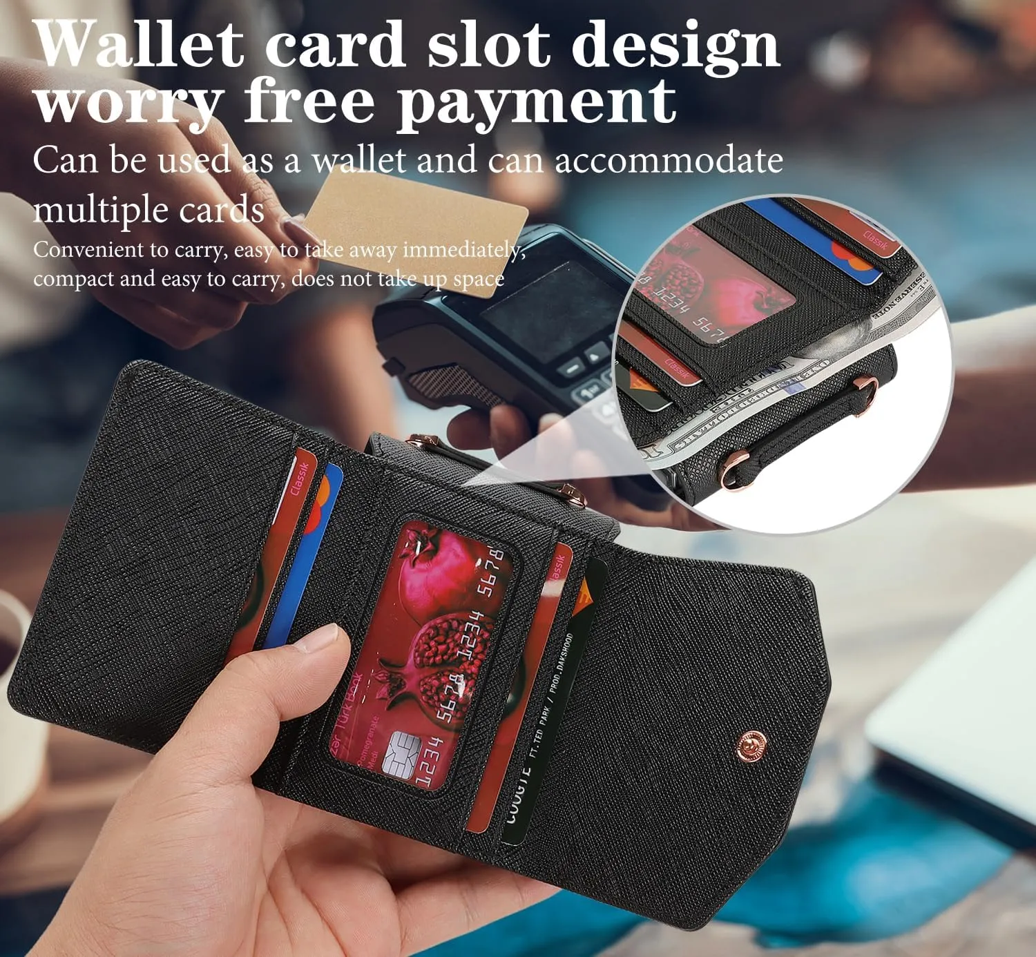 Phone Case for Samsung Galaxy Z Flip 3, Crossbody Wallet Phone Cover with Card Holders Cash Slot Wristlet Strap, Fashion Leather Handbag Flip 3 Phone Case for Women Girls (Black)
