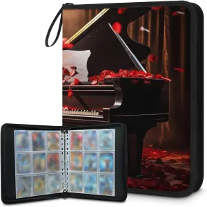 Piano Rose Petals 3 Ring Trading Zipper Binder Strap, Trading Card Binder 4 Pocket, 400 Pockets Card Holder with 50 Removable Sleeves for Game Cards