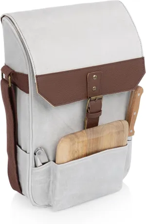 PICNIC TIME 2 Bottle Insulated Wine Bag with Cheese Board and Knife Set, Wine Picnic Bag, Natural Waxed Canvas Wine Tote, (White)