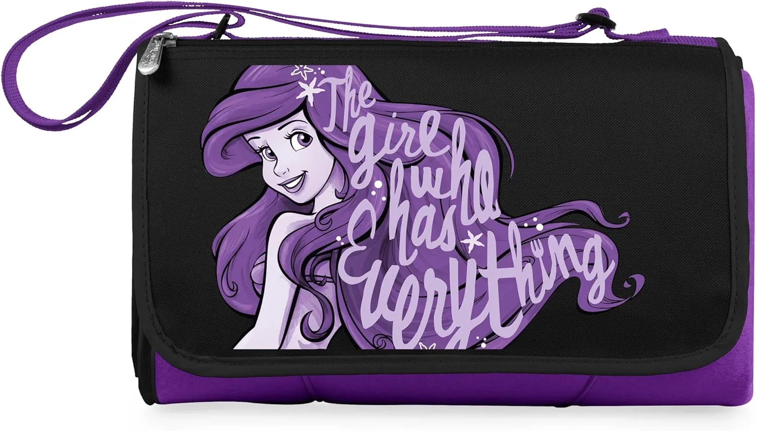 PICNIC TIME Disney Princess The Little Mermaid Blanket Tote Outdoor Picnic Blanket, Beach Blanket, Camping Blanket, (Purple with Black Flap)