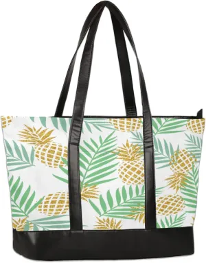 Pineapple Palm Leaf Laptop Tote Bag for Women Lightweight Work Purse with Multiple Compartments Fits 13-15.6 Inch Laptop Tablet Shoulder Bag for Office Travel Daily Use