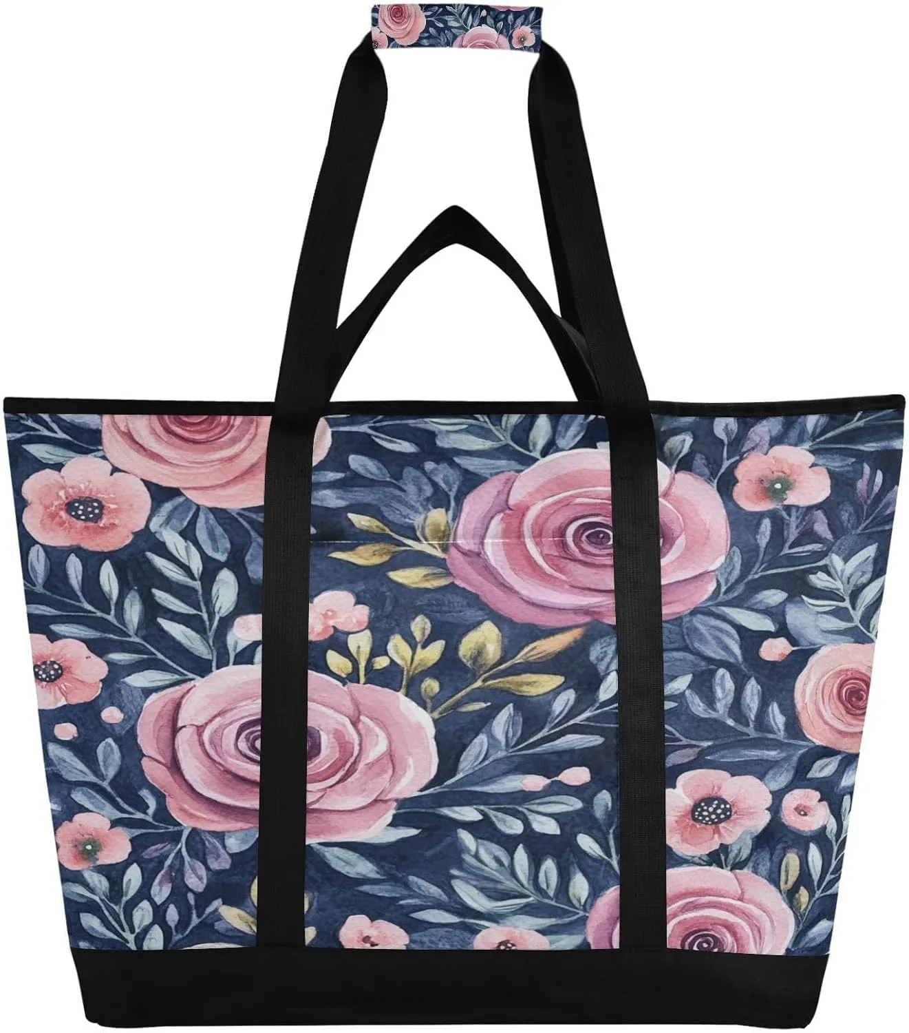 Pink Flowers Reusable Insulated Lunchbox Cooler Bag, Leakproof Kitchen Grocery Bag Collapsible Portable Cooler Tote Bag for Picnic, Camping, Office, Travel