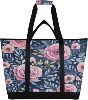 Pink Flowers Reusable Insulated Lunchbox Cooler Bag, Leakproof Kitchen Grocery Bag Collapsible Portable Cooler Tote Bag for Picnic, Camping, Office, Travel