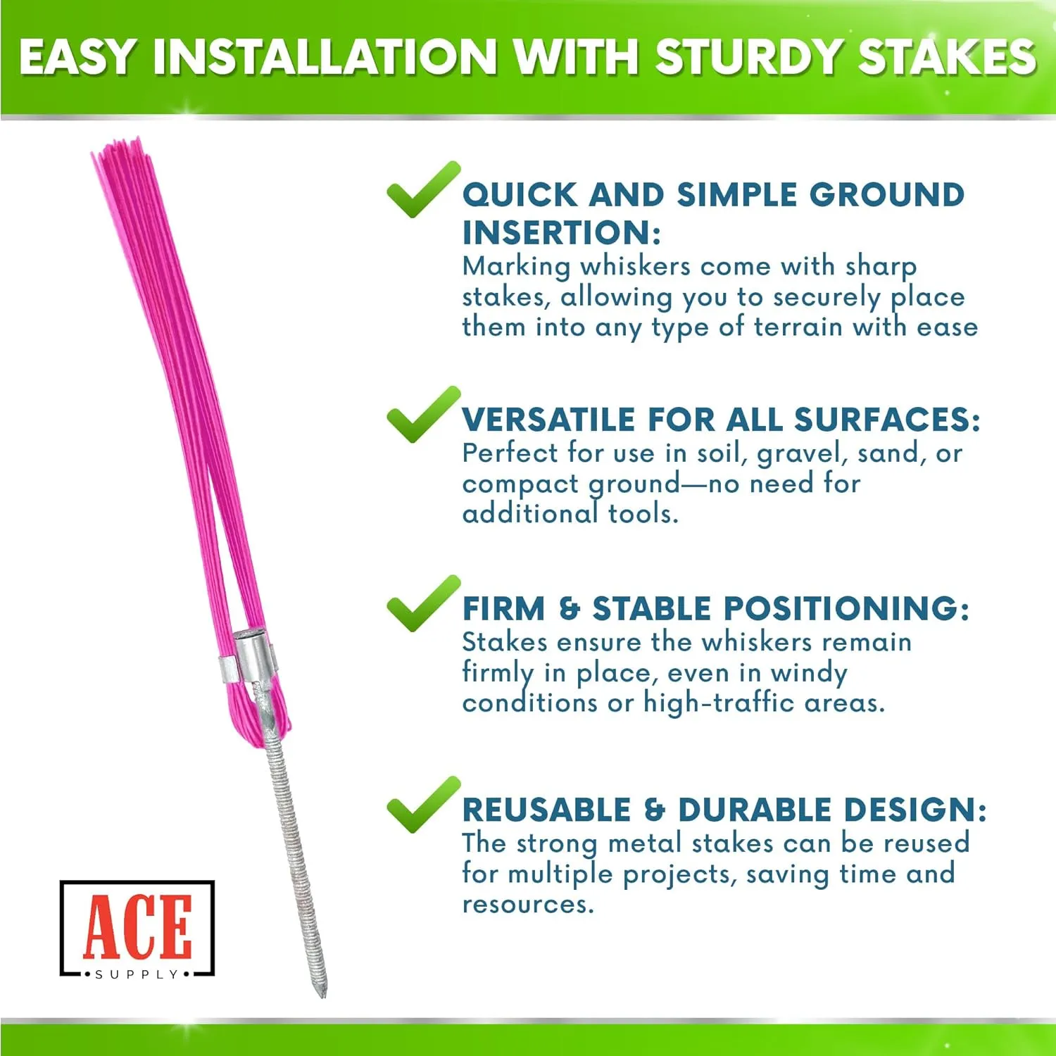 Pink Marking Whiskers with Stakes - Pack of 100 - Durable Marking Whisker Set - Use Survey Whiskers As Ground Markers, Construction Markers, Or Trail Markers