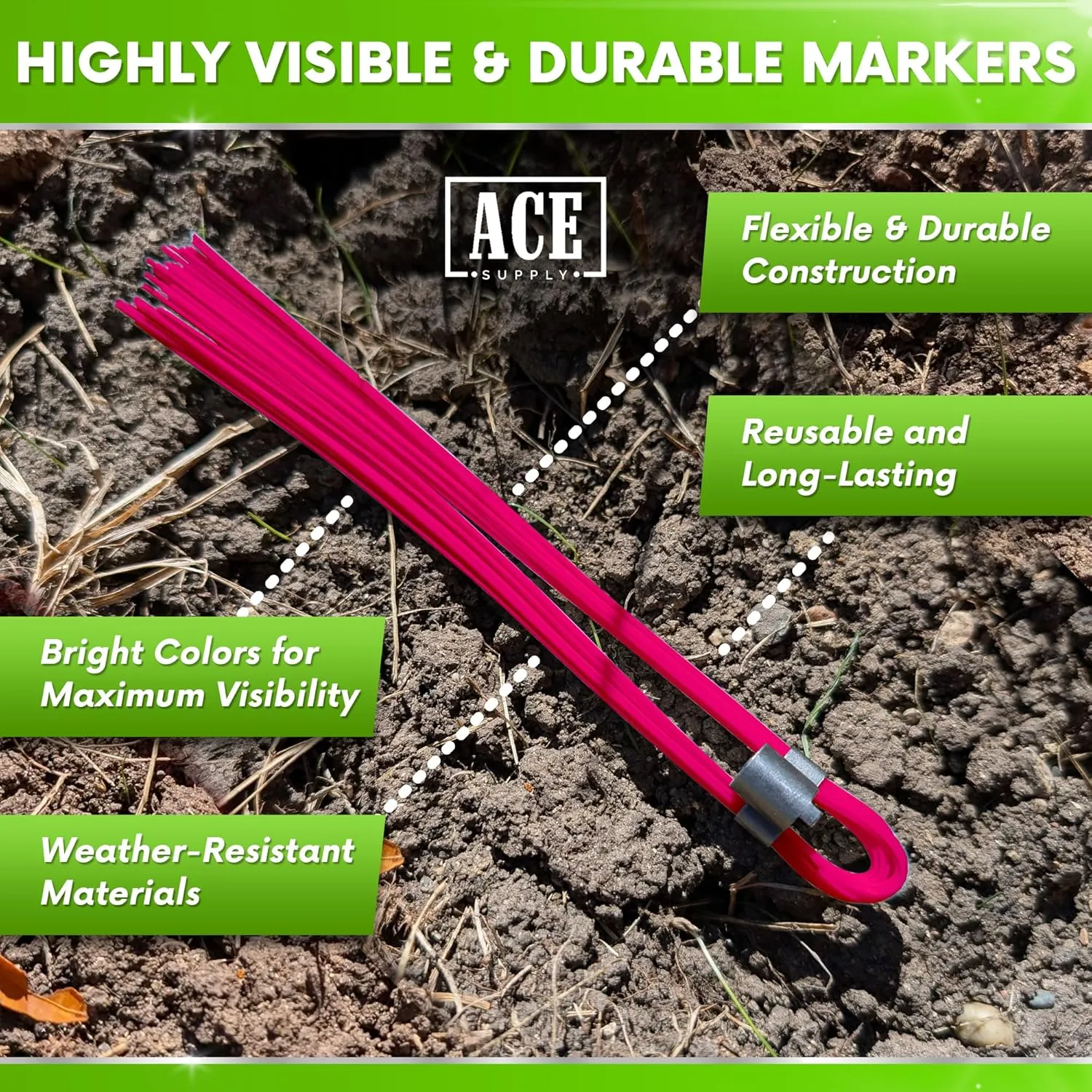 Pink Marking Whiskers with Stakes - Pack of 100 - Durable Marking Whisker Set - Use Survey Whiskers As Ground Markers, Construction Markers, Or Trail Markers