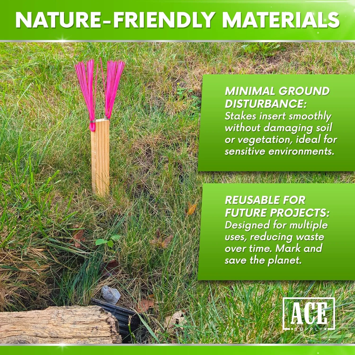 Pink Marking Whiskers with Stakes - Pack of 100 - Durable Marking Whisker Set - Use Survey Whiskers As Ground Markers, Construction Markers, Or Trail Markers