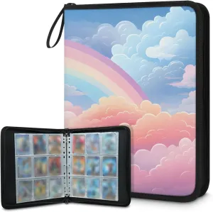 Pink Romantic Rainbow 3 Ring Trading Zipper Binder Strap, Trading Card Binder 4 Pocket, 400 Pockets Card Holder with 50 Removable Sleeves for Game Cards
