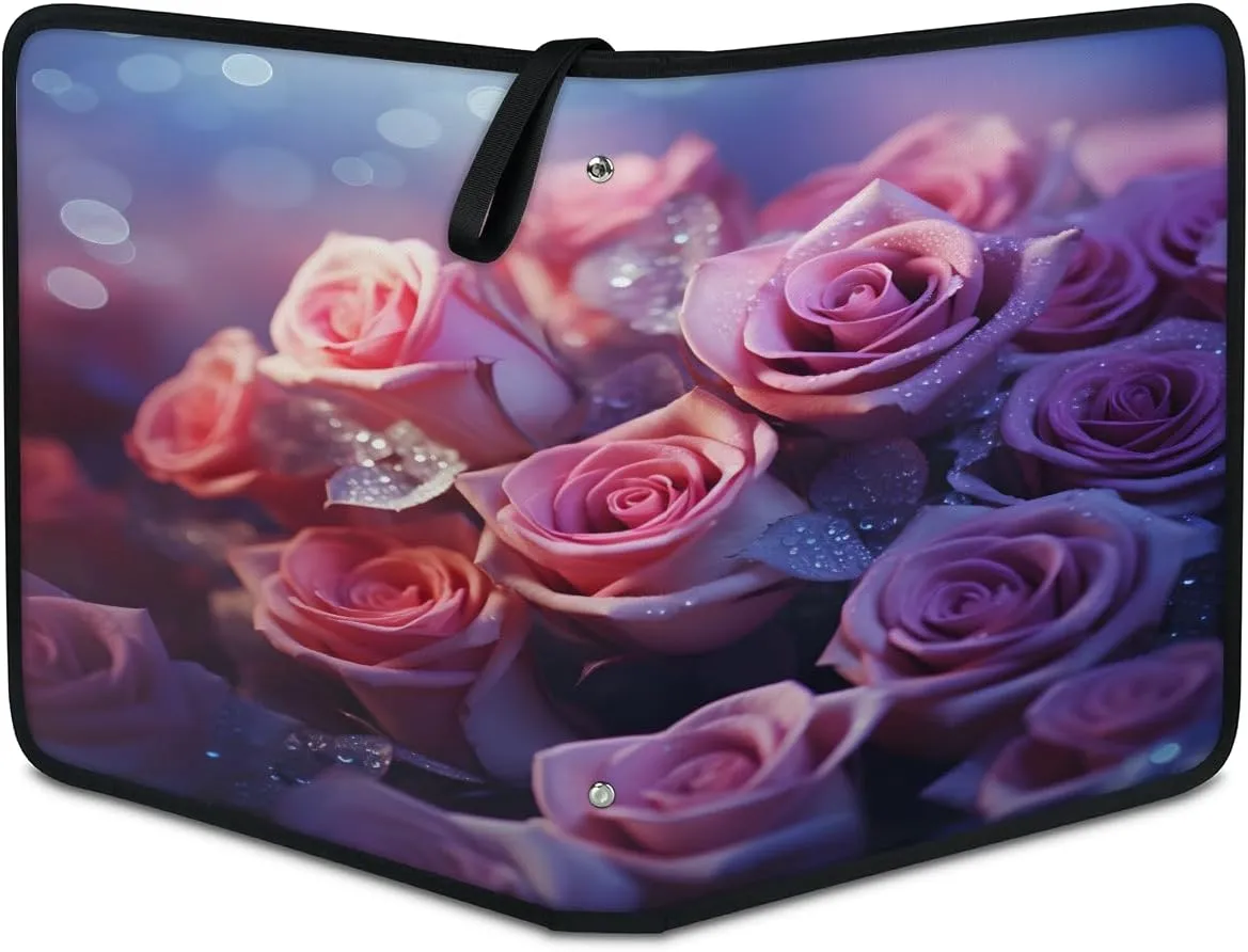 Pink Roses 3 Ring Trading Zipper Binder Strap, Trading Card Binder 4 Pocket, 400 Pockets Card Holder with 50 Removable Sleeves for Game Cards