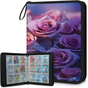 Pink Roses 3 Ring Trading Zipper Binder Strap, Trading Card Binder 4 Pocket, 400 Pockets Card Holder with 50 Removable Sleeves for Game Cards