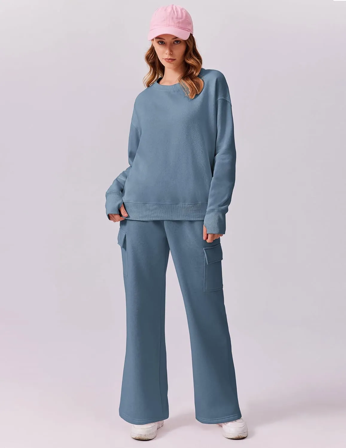 PINSPARK 2 Piece Sets for Women 2025 Fleece Sweatsuits Oversized Sweatshirts Wide Leg Cargo Sweatpants with Pockets Thumbhole