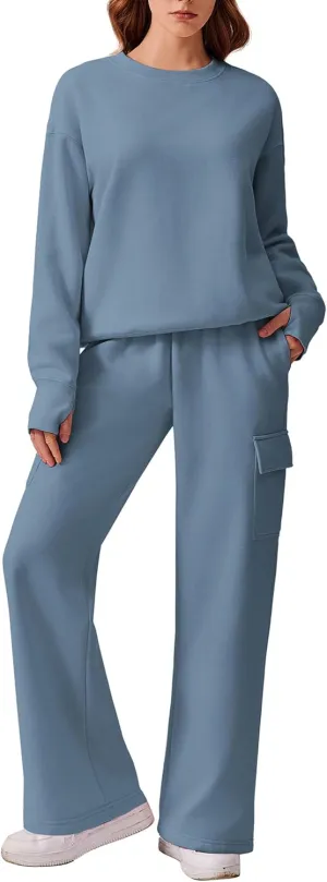 PINSPARK 2 Piece Sets for Women 2025 Fleece Sweatsuits Oversized Sweatshirts Wide Leg Cargo Sweatpants with Pockets Thumbhole