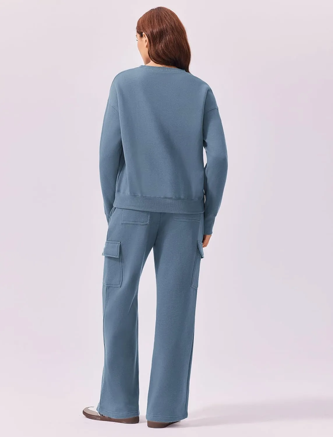 PINSPARK 2 Piece Sets for Women 2025 Fleece Sweatsuits Oversized Sweatshirts Wide Leg Cargo Sweatpants with Pockets Thumbhole