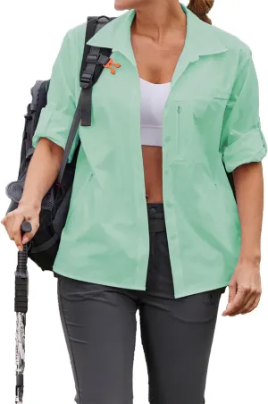 PINSPARK Womens UPF 50  UV Sun Protection Shirts Long Sleeve Outdoor Fishing Blouse Quick Dry Safari Hiking Tops with Pockets