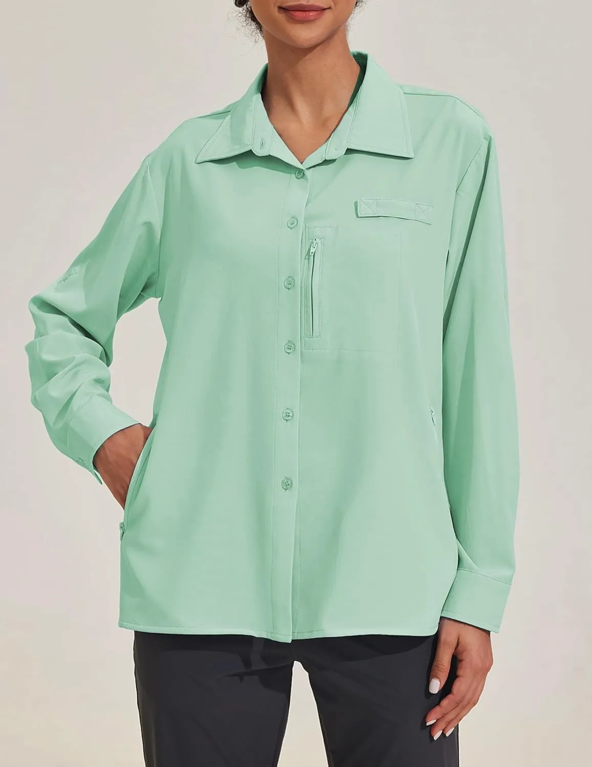 PINSPARK Womens UPF 50  UV Sun Protection Shirts Long Sleeve Outdoor Fishing Blouse Quick Dry Safari Hiking Tops with Pockets