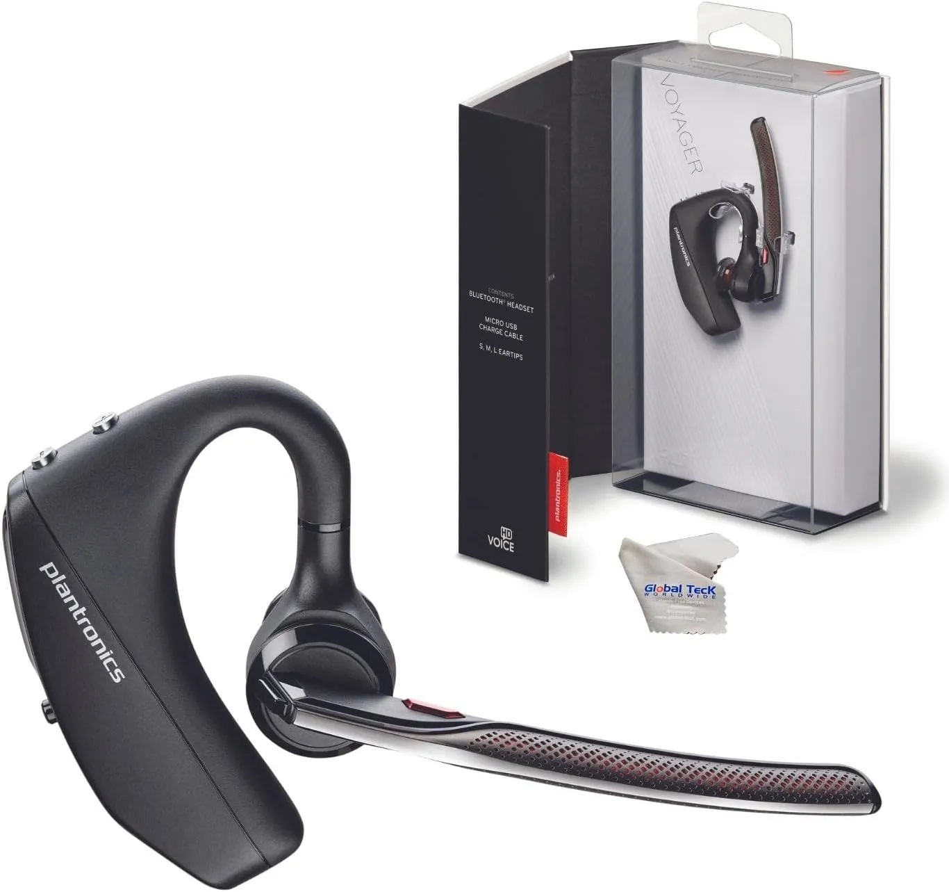 Plantronics Voyager 5200 Bluetooth Headset Bundle - Noise Canceling Wind Blocking Mic for Calls, Online Zoom Meetings, 6 Hours Rechargeable Battery, (Charging case not Included) 203500-101, GTW Cloth