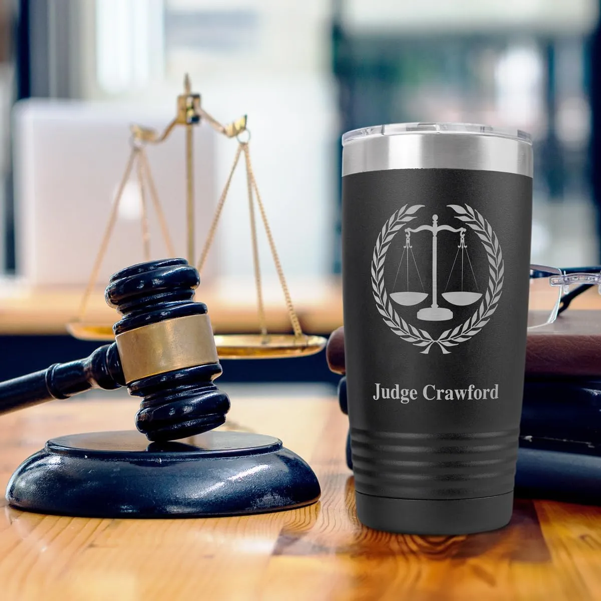 PlaqueMaker Personalized Coffee Tumbler with Scales of Justice - Great for Lawyers, Attorneys, Judges, Law Clerks, Legal Students, Paralegals and Legal Secretaries (Black)