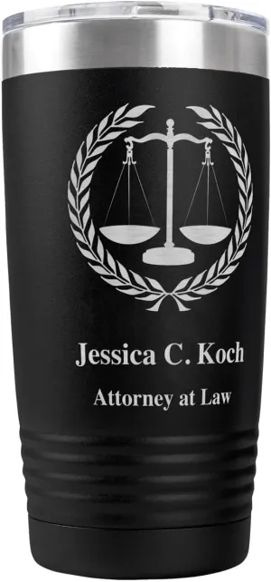 PlaqueMaker Personalized Coffee Tumbler with Scales of Justice - Great for Lawyers, Attorneys, Judges, Law Clerks, Legal Students, Paralegals and Legal Secretaries (Black)