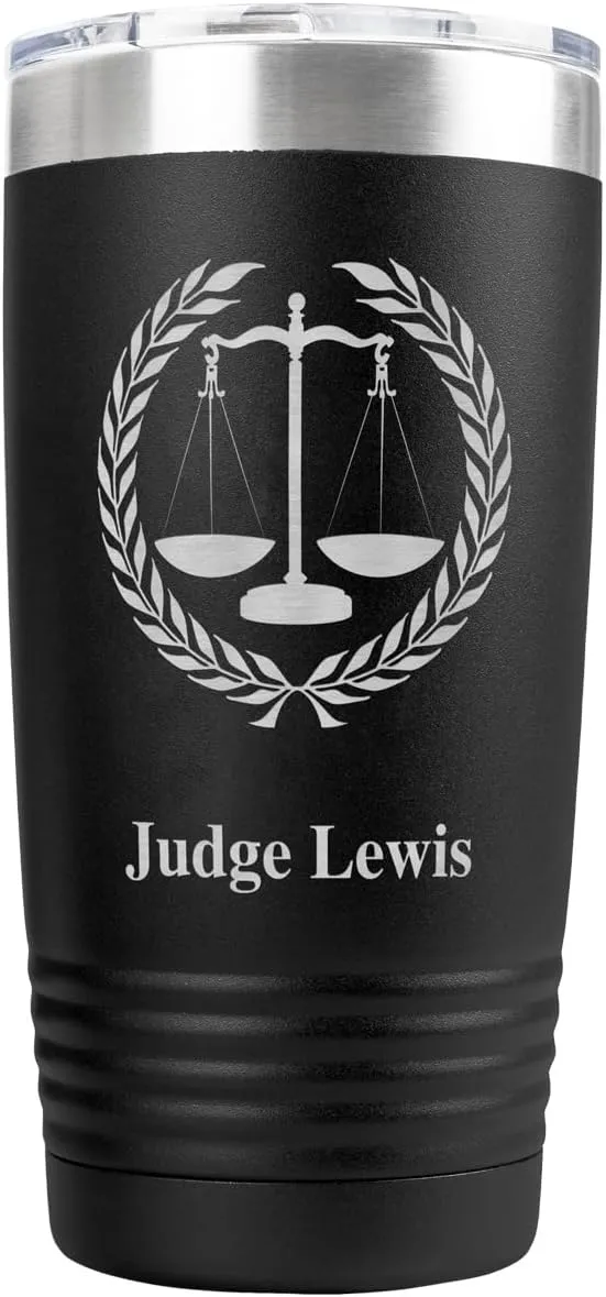 PlaqueMaker Personalized Coffee Tumbler with Scales of Justice - Great for Lawyers, Attorneys, Judges, Law Clerks, Legal Students, Paralegals and Legal Secretaries (Black)