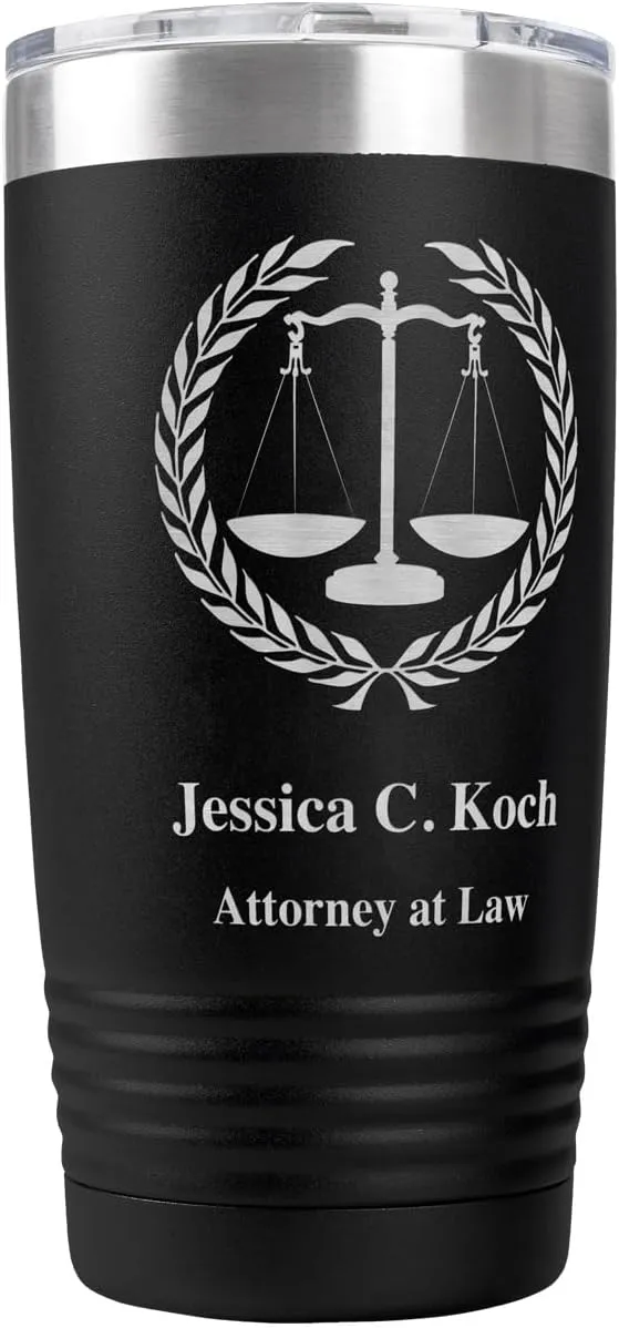 PlaqueMaker Personalized Coffee Tumbler with Scales of Justice - Great for Lawyers, Attorneys, Judges, Law Clerks, Legal Students, Paralegals and Legal Secretaries (Black)