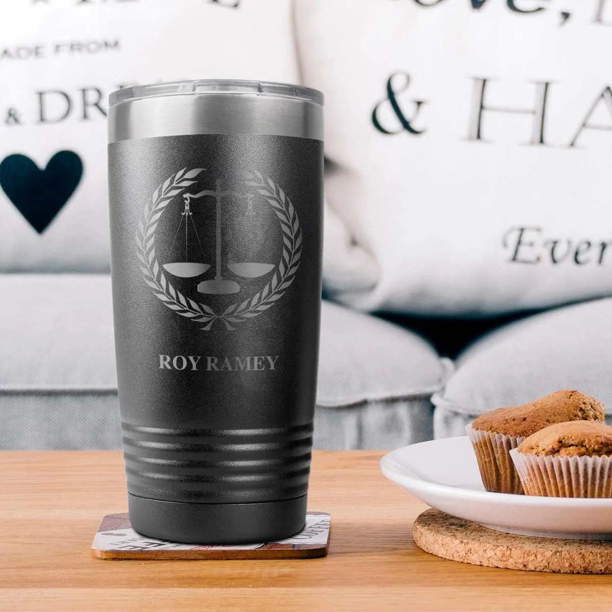 PlaqueMaker Personalized Coffee Tumbler with Scales of Justice - Great for Lawyers, Attorneys, Judges, Law Clerks, Legal Students, Paralegals and Legal Secretaries (Black)