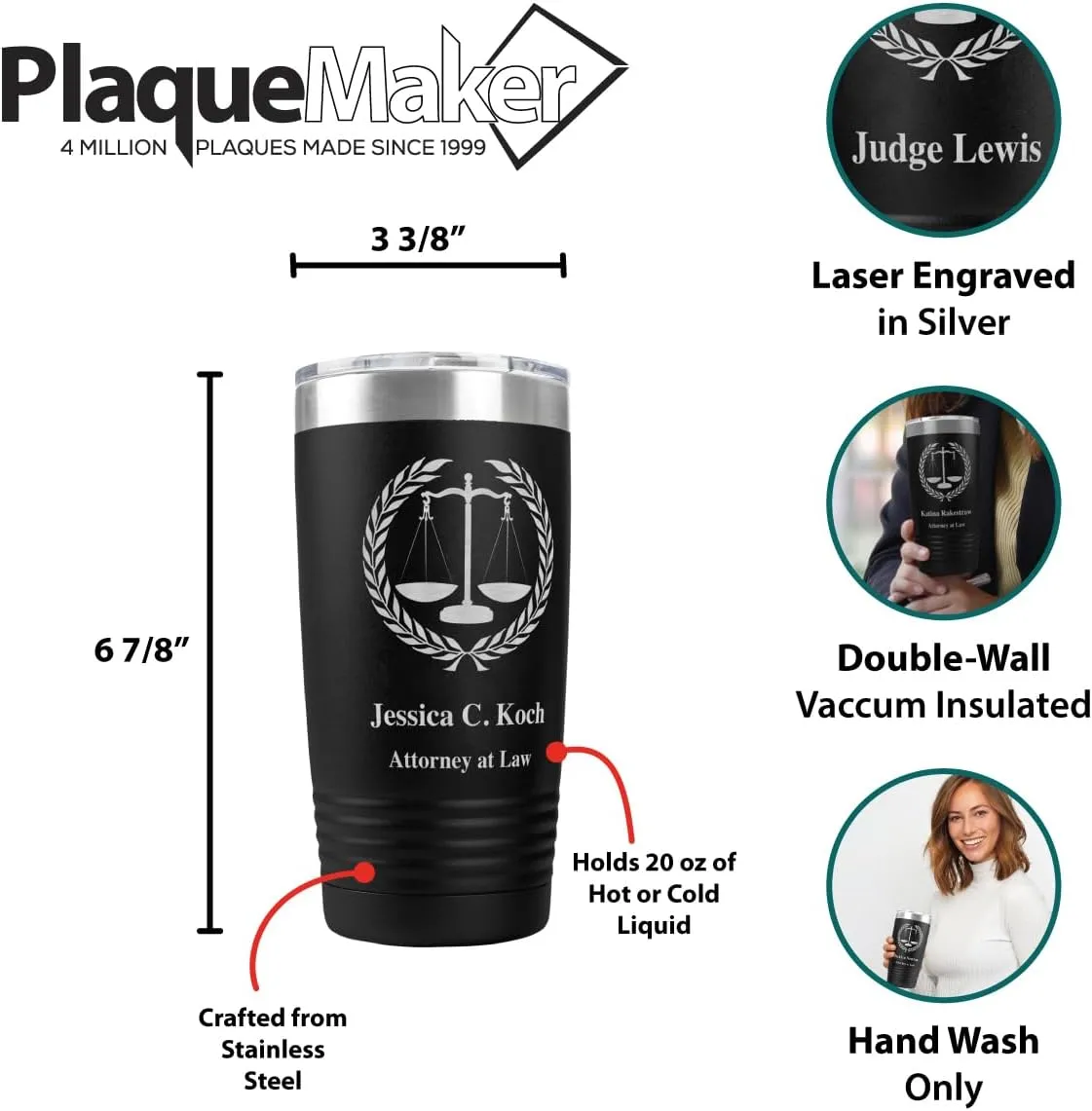 PlaqueMaker Personalized Coffee Tumbler with Scales of Justice - Great for Lawyers, Attorneys, Judges, Law Clerks, Legal Students, Paralegals and Legal Secretaries (Black)