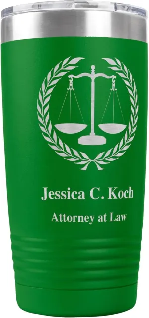 PlaqueMaker Personalized Coffee Tumbler with Scales of Justice - Great for Lawyers, Attorneys, Judges, Law Clerks, Legal Students, Paralegals and Legal Secretaries (Green)