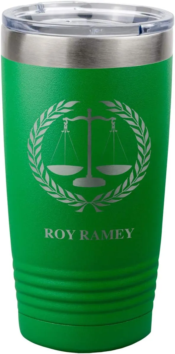 PlaqueMaker Personalized Coffee Tumbler with Scales of Justice - Great for Lawyers, Attorneys, Judges, Law Clerks, Legal Students, Paralegals and Legal Secretaries (Green)