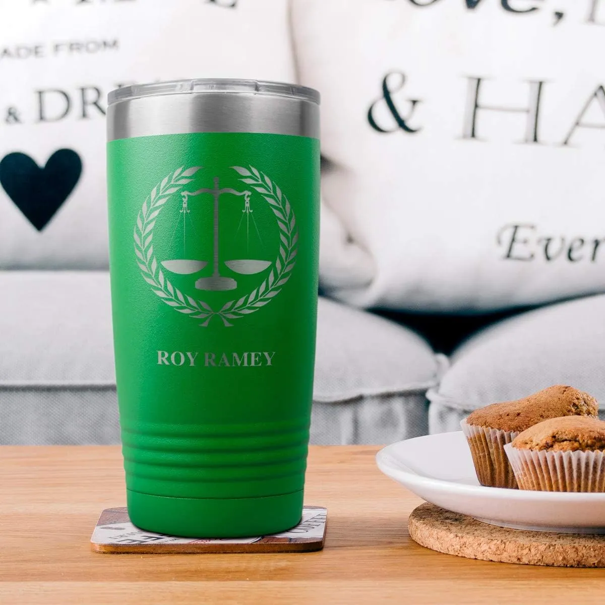 PlaqueMaker Personalized Coffee Tumbler with Scales of Justice - Great for Lawyers, Attorneys, Judges, Law Clerks, Legal Students, Paralegals and Legal Secretaries (Green)