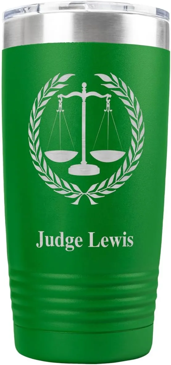 PlaqueMaker Personalized Coffee Tumbler with Scales of Justice - Great for Lawyers, Attorneys, Judges, Law Clerks, Legal Students, Paralegals and Legal Secretaries (Green)