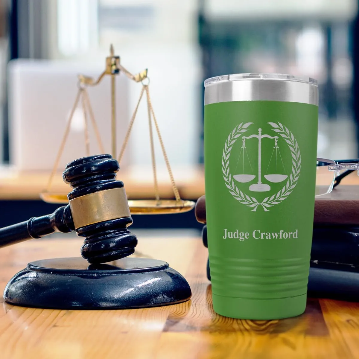 PlaqueMaker Personalized Coffee Tumbler with Scales of Justice - Great for Lawyers, Attorneys, Judges, Law Clerks, Legal Students, Paralegals and Legal Secretaries (Green)