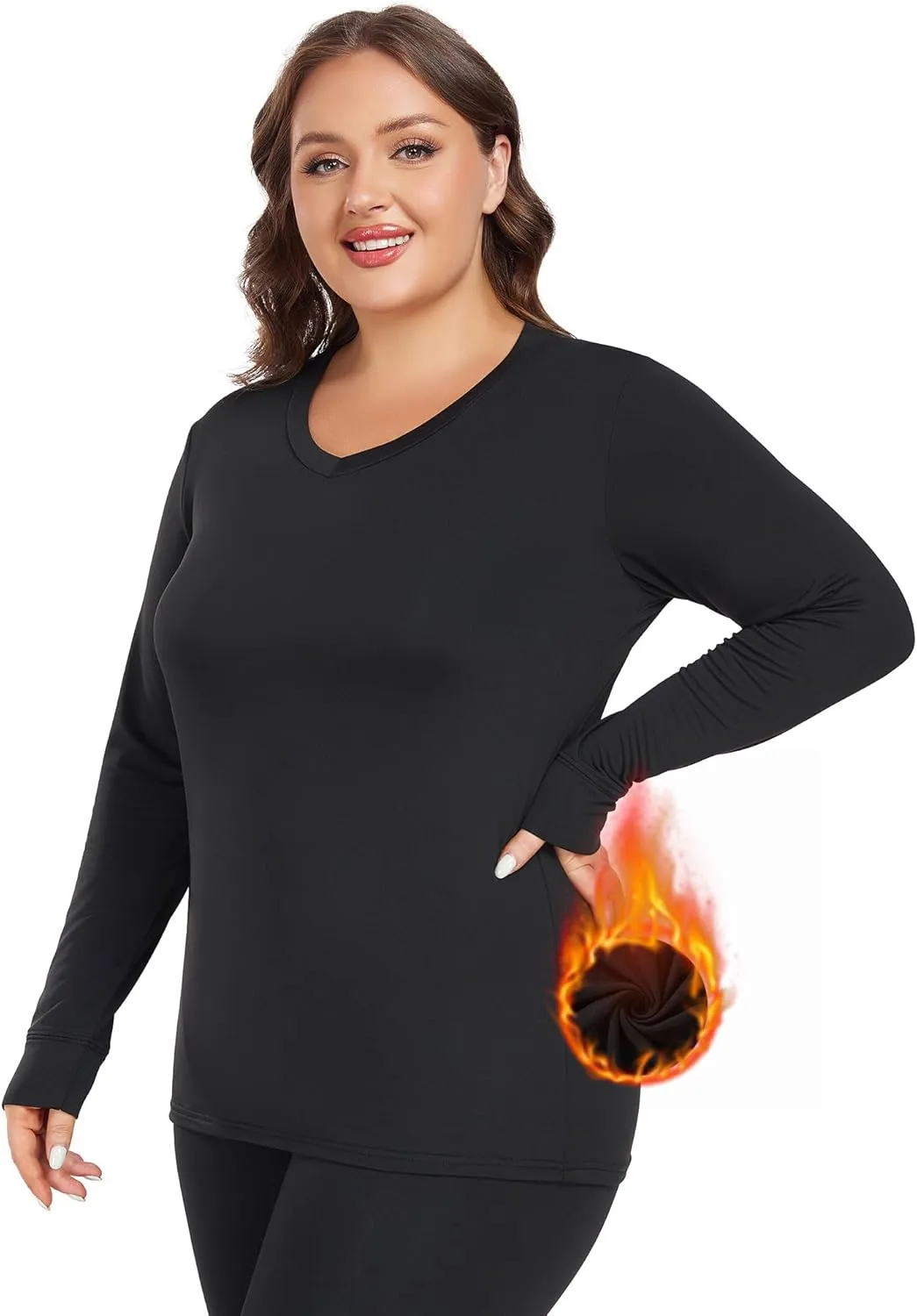 Plus Size Thermal Top for Women Long Sleeve Thermal Shirt Fleece Lined Long Johns Base Layer