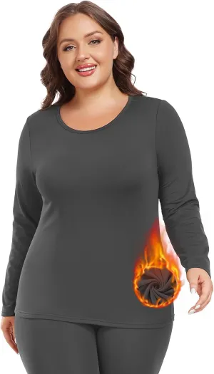 Plus Size Thermal Top for Women Long Sleeve Thermal Shirt Fleece Lined Long Johns Base Layer