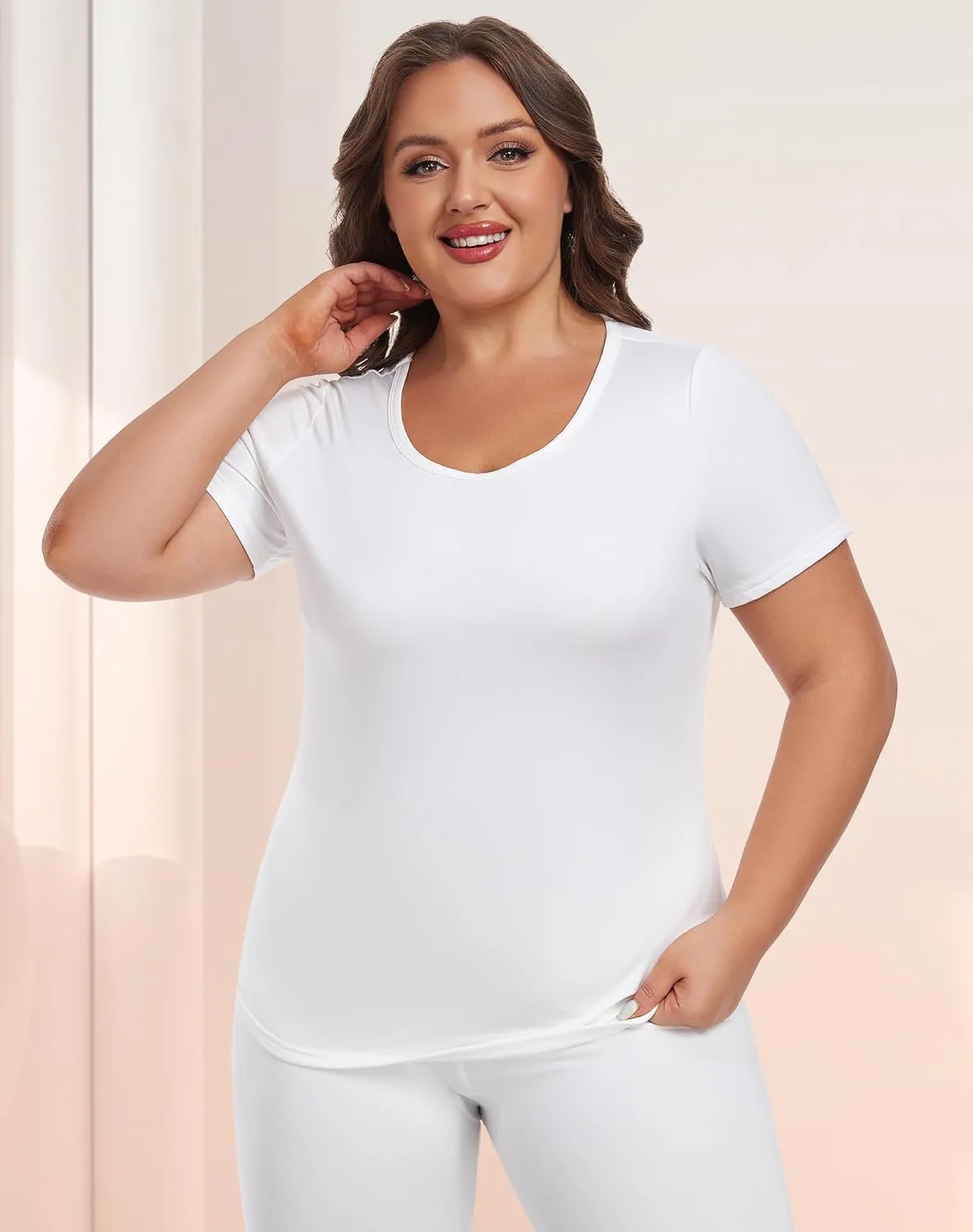 Plus Size Thermal Top for Women Short Sleeve Thermal Shirt Fleece Lined Underscrubs Long Johns Base Layer
