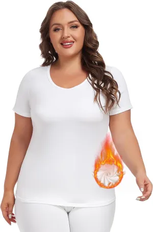 Plus Size Thermal Top for Women Short Sleeve Thermal Shirt Fleece Lined Underscrubs Long Johns Base Layer
