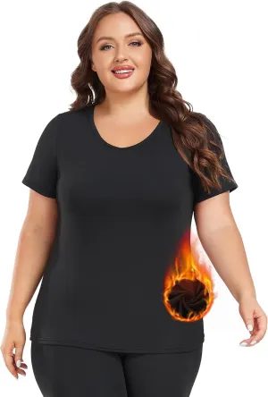 Plus Size Thermal Top for Women Short Sleeve Thermal Shirt Fleece Lined Underscrubs Long Johns Base Layer